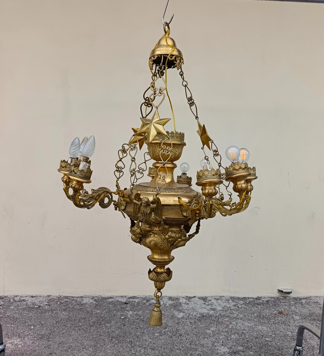 Lampadario in lamierino di bronzo Italia 1850 raro