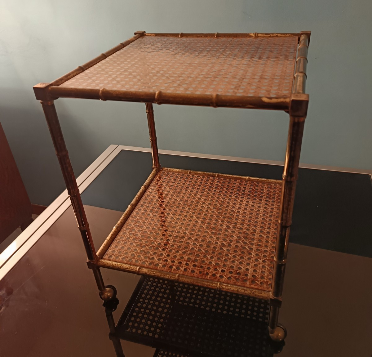 Coppia di tavolini ad incastro in ottone lavorato a bamboo Christian Dior anni 80-photo-2