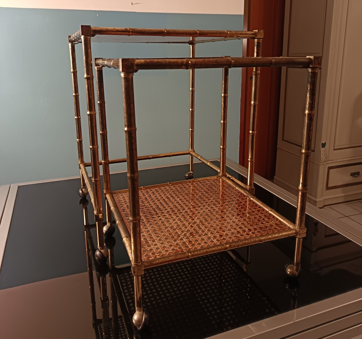 Coppia di tavolini ad incastro in ottone lavorato a bamboo Christian Dior anni 80-photo-3