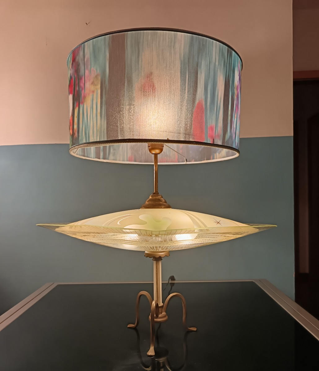 Lampada "astronave" vetri incisi e decorati con costellazioni 1960