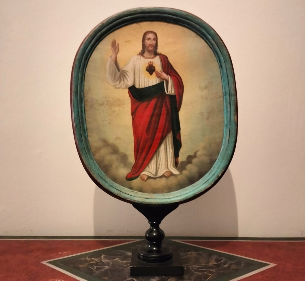 Stendardo da processione olio su tela dell’800 Maria e Gesù-photo-2