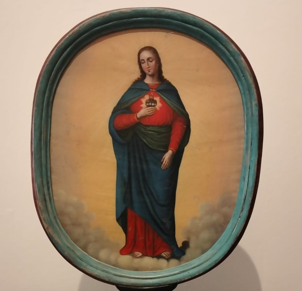 Stendardo da processione olio su tela dell’800 Maria e Gesù-photo-3
