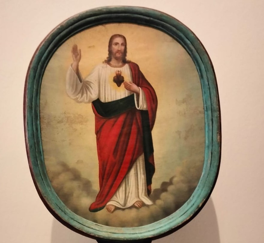 Stendardo da processione olio su tela dell’800 Maria e Gesù-photo-1