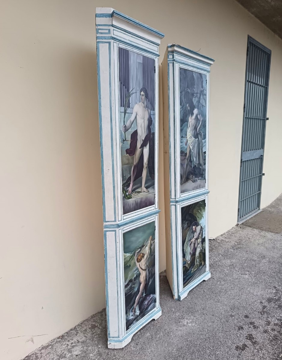 Coppia di Angoliere Lignee del 1850 da Palazzo Nobiliare con 4 Dipinti Hayez-photo-2