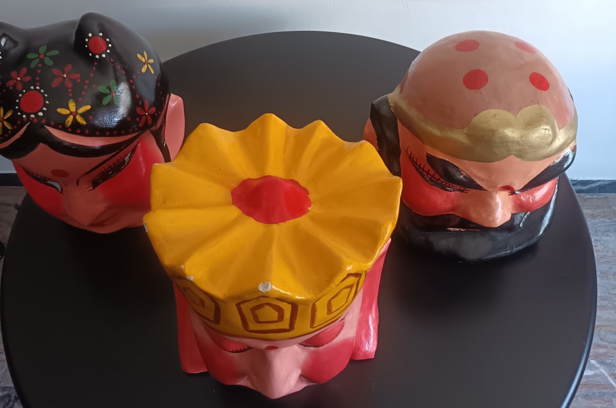 Trittico di maschere cinesi del 1920 papier mache-photo-3