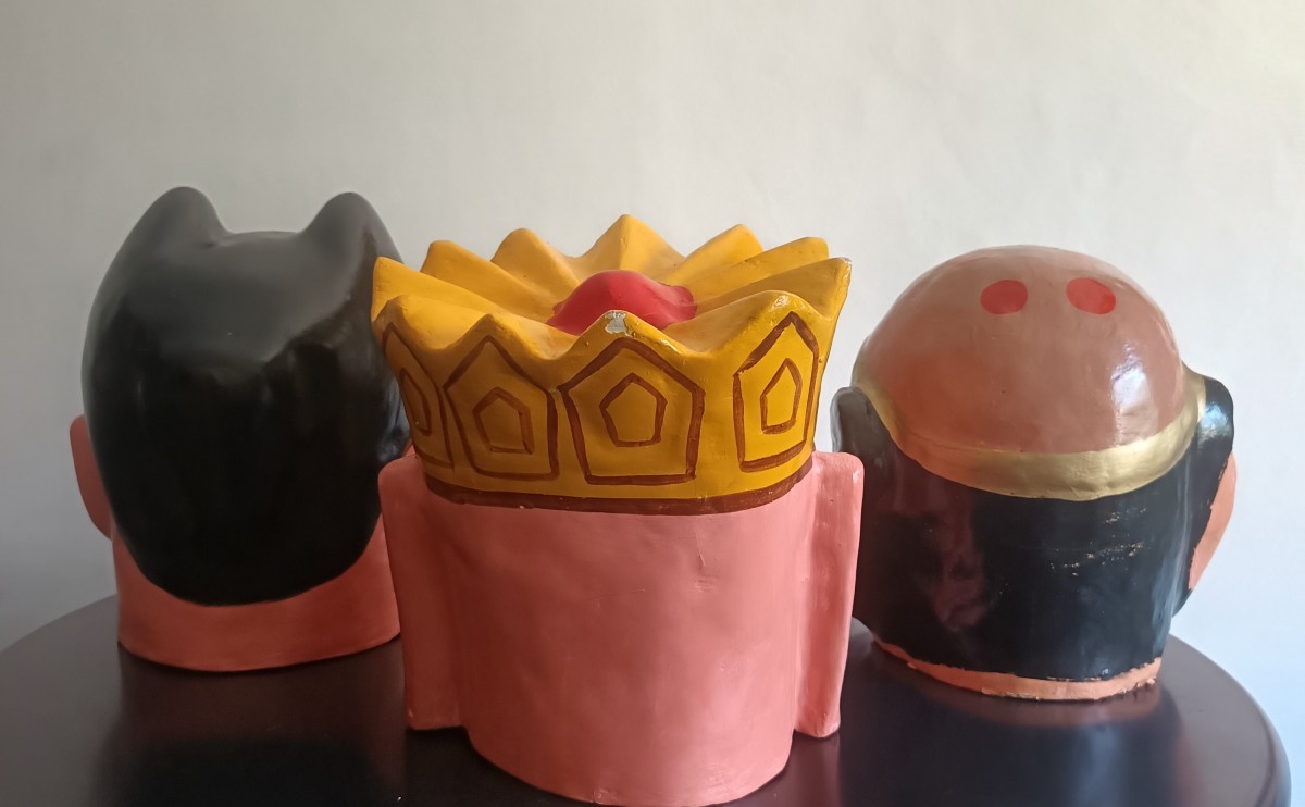 Trittico di maschere cinesi del 1920 papier mache-photo-4