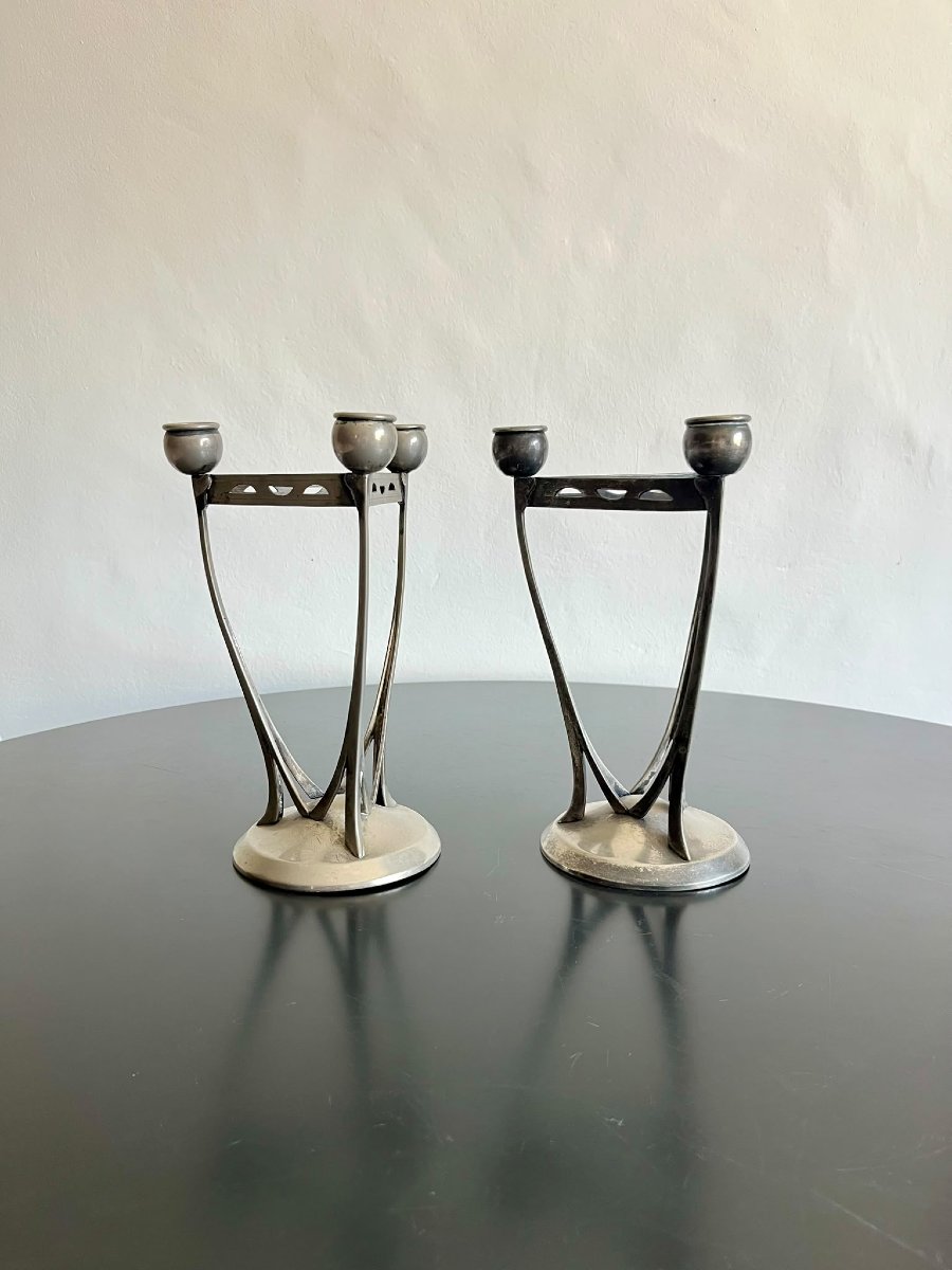 Coppia candelabri in alpacca 1940 con scritta M stile nazionalista-photo-2
