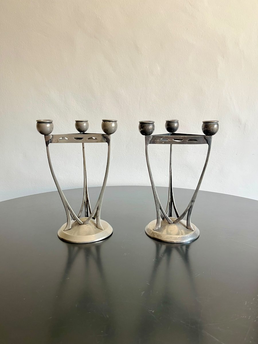 Coppia candelabri in alpacca 1940 con scritta M stile nazionalista-photo-3
