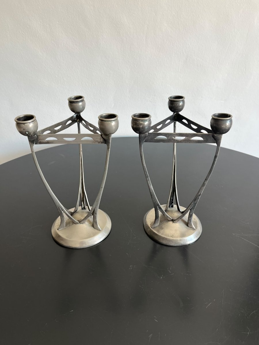 Coppia candelabri in alpacca 1940 con scritta M stile nazionalista