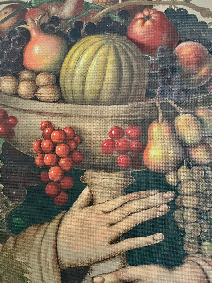 Olio su tavola  Grande coppa di frutta con mani 1951-photo-2