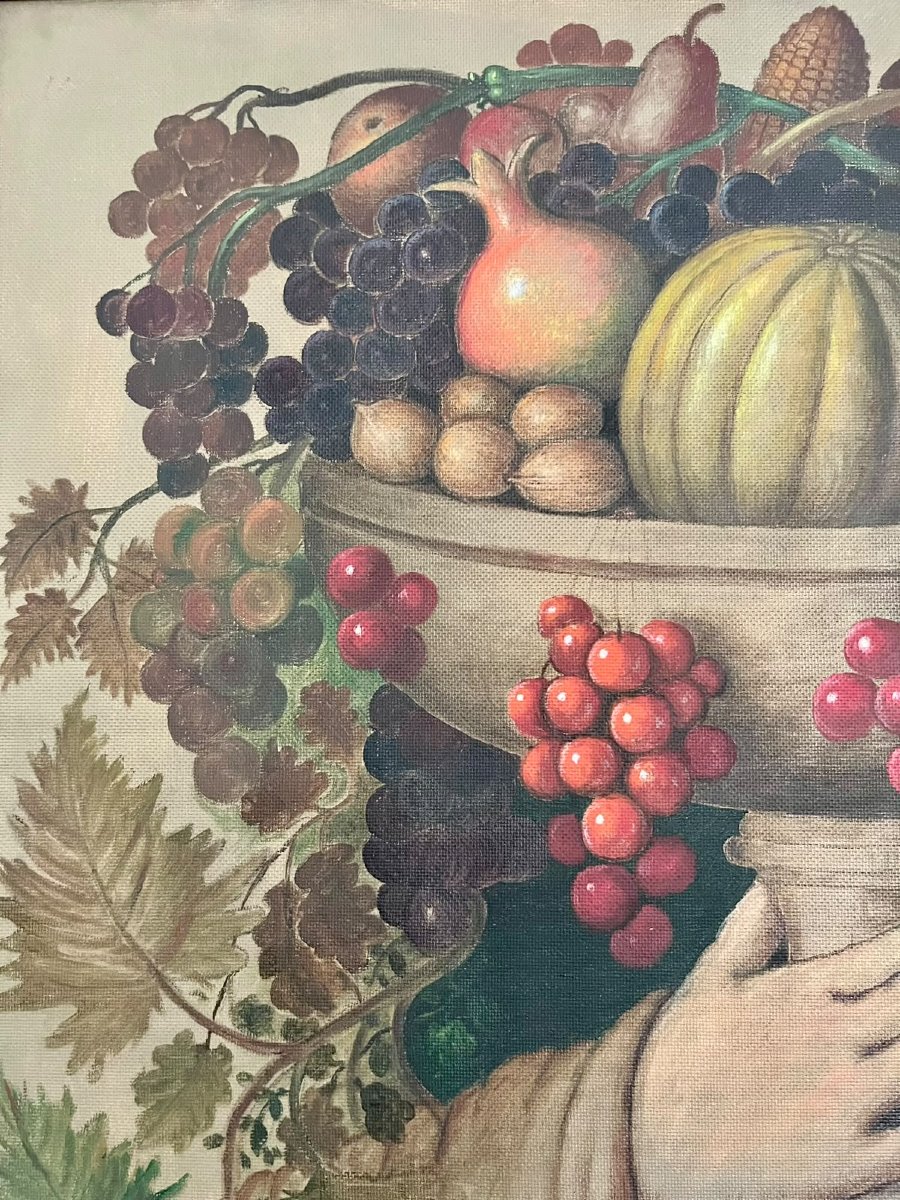 Olio su tavola  Grande coppa di frutta con mani 1951-photo-3
