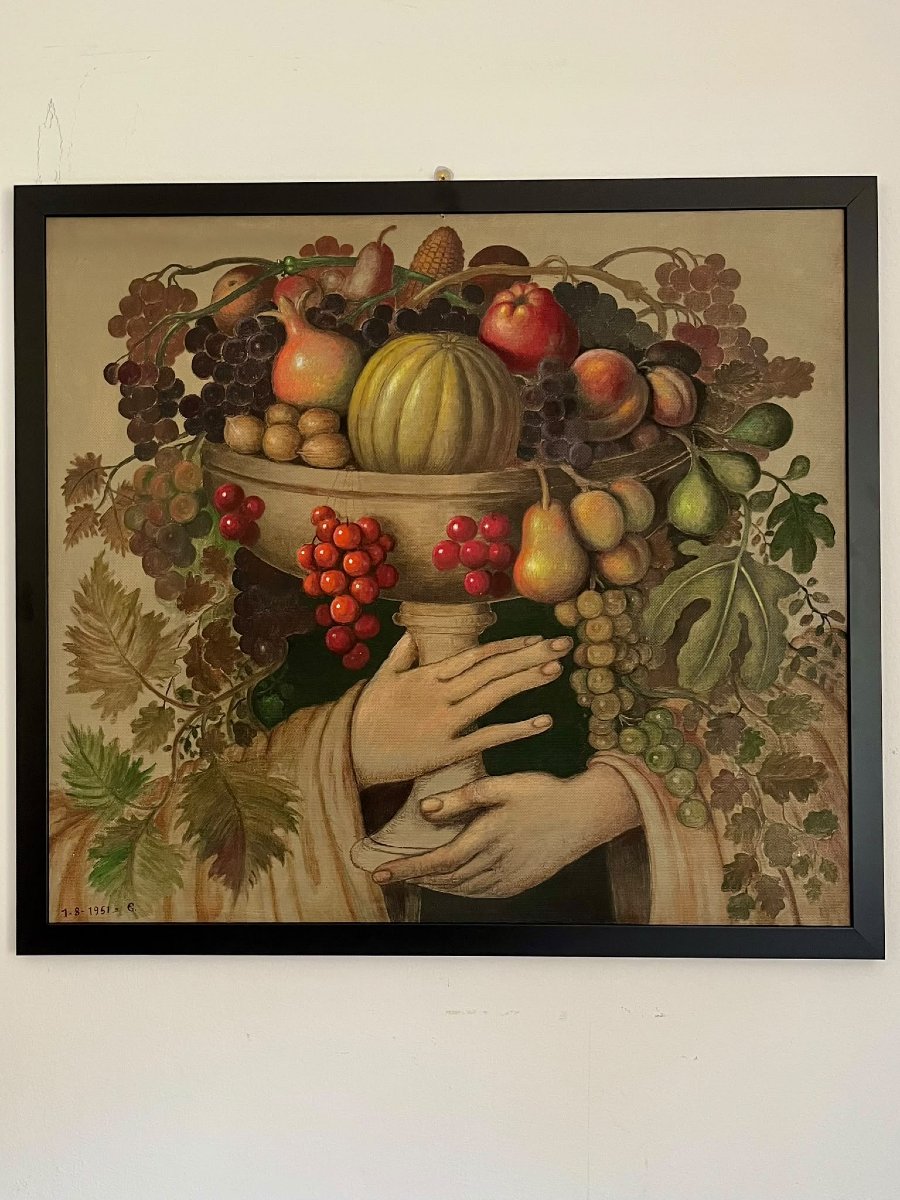 Olio su tavola  Grande coppa di frutta con mani 1951