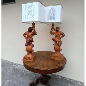 Coppia di lampade veneziane 1950 ragazzi giovani in legno