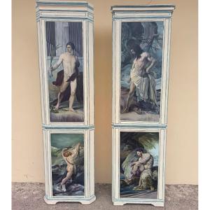 Coppia di Angoliere Lignee del 1850 da Palazzo Nobiliare con 4 Dipinti Hayez