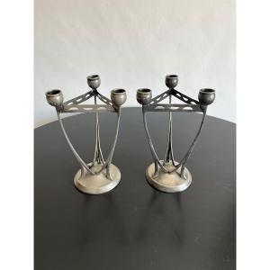Coppia candelabri in alpacca 1940 con scritta M stile nazionalista