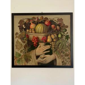 Olio su tavola  Grande coppa di frutta con mani 1951