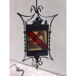 Lanterna Milanese in ferro inizio 900 con vetri colorati