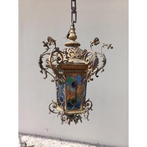 Lanterna in bronzo 800 Roma con vetri colorati