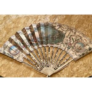 Fan With Ivory Handle Decorated With A Naval Battle Scene 