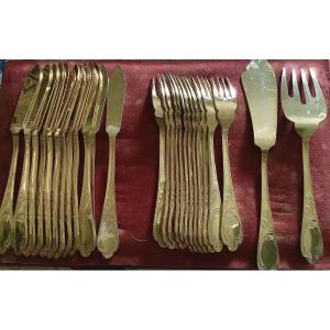 Fish And Dessert Serving Set And Small Mocha Spoons In White And Gold Metal  