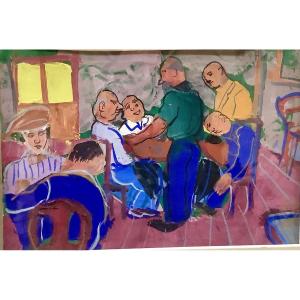42 _oil On Cardboard, Bar Scene Signed Pierre Ambrogiani