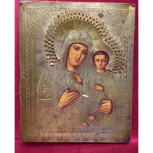 43_ Icon Ukraine, Virgin Of Smolensk, Oil On Wood Under A Riza