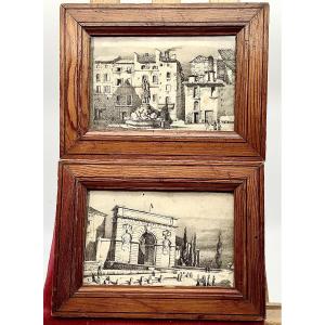 45_ Pair Of Small Pencil Drawings Representing 2 Views Of Montellier