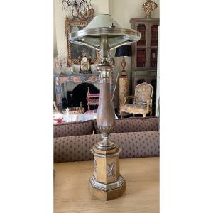 Carcel Lamp In Gold-yellow Painted Sheet Metal And Bronze 