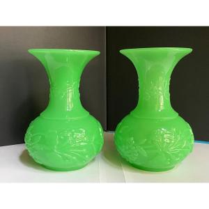 Pair Of Vases In Green Opaline Manufacture De Baccarat Mid XIXth Napoleon III Period.