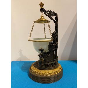 Rare Night Light In Bronze Cathedral Decor And Soapy Opaline Nineteenth Charles X Period.