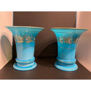 Pair Of Cornet Shaped Vases In Blue Crystal Opaline Gold Decor XIXth Charles X Period.