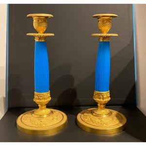 Rare Pair Of Candlesticks In Blue Opaline And Chiseled Gilt Bronze XIXth Charles X Period.