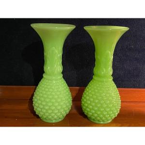 Pair Of Pineapple Model Vases In Green Opaline Manufacture De Baccarat Mid XIXth Napoleon III