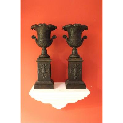 Cassolette Pair Of Bronze And Patina Chiseled. XIXth Century