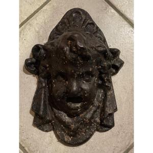Cast Iron Fountain Mask, Head Of Bacchus Child, 19th Century, Napoleon III Era.