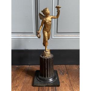 Chiseled And Gilded Bronze Sculpture Of Zephyr On His Marble Column, Early 19th Century, First Empire Period.