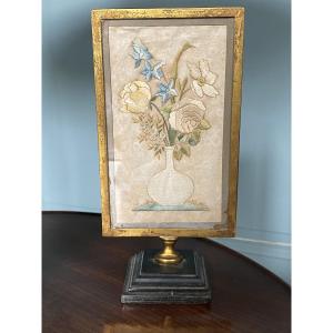 Small Table Screen, Embroidery On Silk, Bronze And Lead Mount, Early 19th Century.