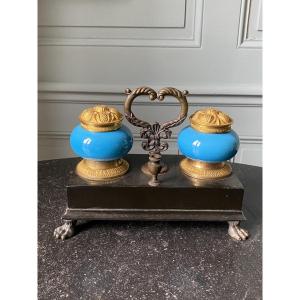 Rare Opaline Turquoise Inkwell With Chased And Patinated Bronze And Ebony Base, 19th Century, Charles X Period