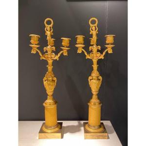 Pair Of Candelabra Bronze Gilt Chiseled XIXth Charles X.