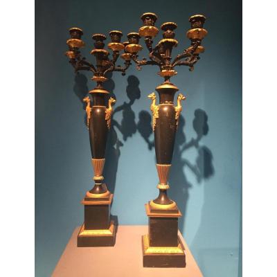 Important Pair Of Candelabra In Bronze And Painted Plate XIXth Empire.