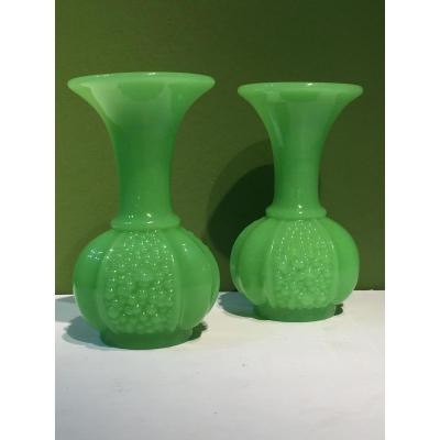Pair Of Vases Opaline Green Manufacture Of St. Louis XIXth Napoleon III.
