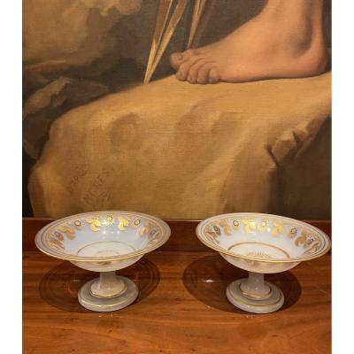 Rare Pair Of Baguier Cups In Opaline Soapy Decor Desvignes XIXth Charles X Period.