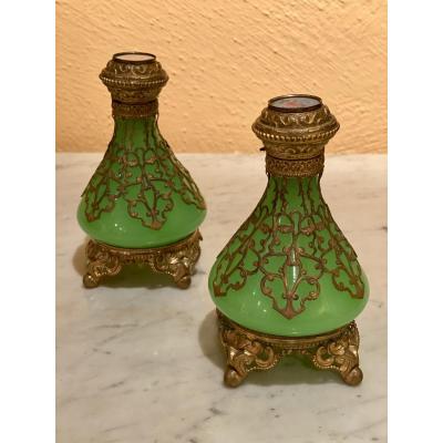 Important Pair Of Flasks In Green Opaline Mounted Gilt Bronze XIXth Napoleon III.