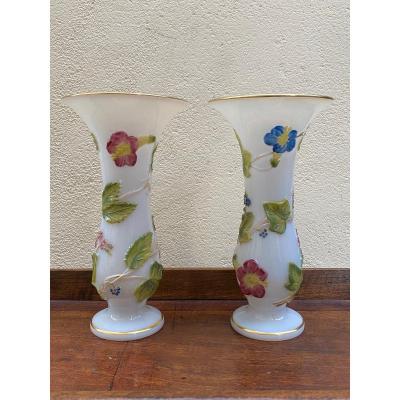 Pair Of Opaline Vases Decor With Bindweed Baccarat Manufacture XIXth Napoleon III.