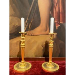 Beautiful Pair Of Gilt Bronze Candlesticks Decorated With Caryatids XIXth 1st Empire Period.