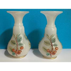 Pair Of Opaline Vases Decorated With Fruits XIXth Napoleon III Manufacture De Saint-louis.