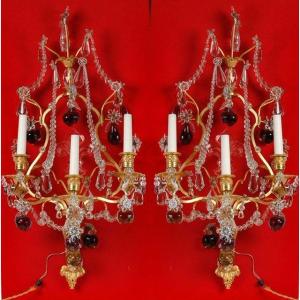 Important Pair Of Louis XVI Style Sconces In Bronze And Crystal