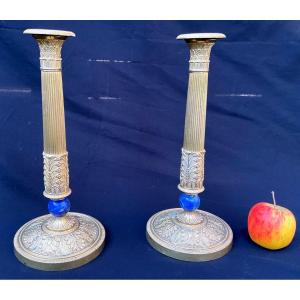 Pair Of 19th Century Candlesticks In Gilded Bronze, Lapiz Lazuli