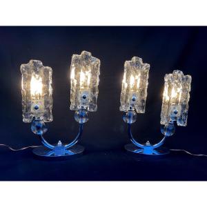 Paire De Lampes Type Adnet Bronze Chrome Verre Presse