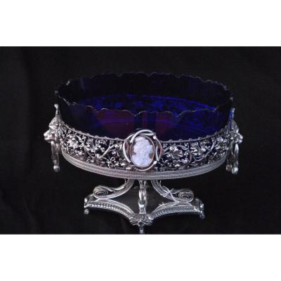 Seau à Verres Cristal Bleu Et Métal Argenté Aux Lion Et Camée XIX